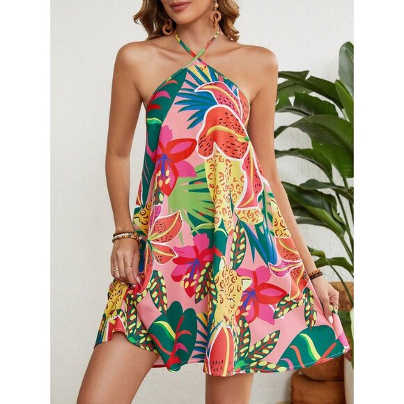 Boho printed halter mini dress white blue - Picture 3 of 4